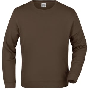 A brown sweater with a crew neck and long sleeves, featuring a logo on the inside label.