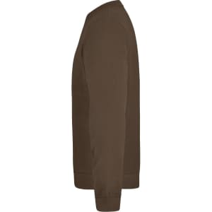 A brown sweatshirt displayed from the side, featuring a simple design and a ribbed hem and cuffs.