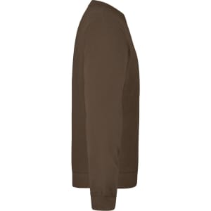 A brown sweatshirt featuring a crew neckline and long sleeves, displayed from a side angle. It has a logo.