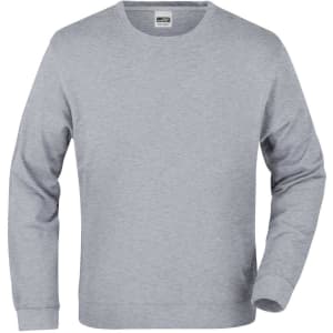 A grey crew-neck sweater with long sleeves and a simple design. It features a branding label.