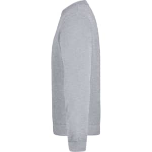 A grey sweater displayed from the side, featuring a simple design and a branding logo.