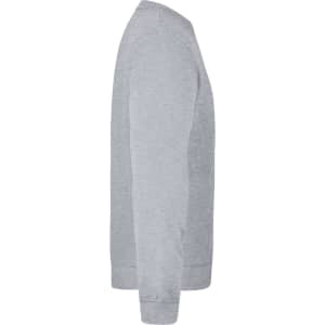 A grey jumper with long sleeves, featuring a simple design and a logo on the side.