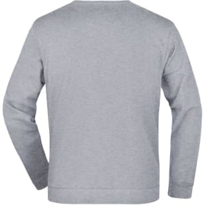 A grey jumper displayed from the back, featuring long sleeves and a simple design with a logo.