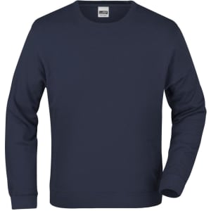 A navy blue crew neck jumper with long sleeves and a logo on the label.