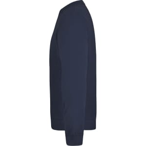 A navy blue sweatshirt displayed in a side view, featuring long sleeves and a round neckline. It has a logo on it.