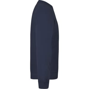 A navy blue sweatshirt with a round neckline and long sleeves, featuring a logo.