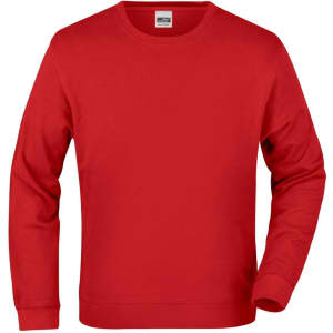 A red jumper with a crew neck and long sleeves. It features a branding logo.
