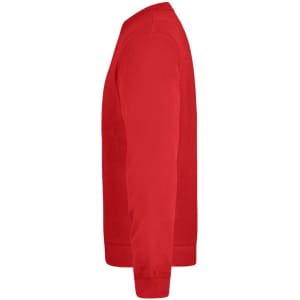A red jumper, styled as a sweater, featuring a long sleeve and a side view. It has a logo on the front.