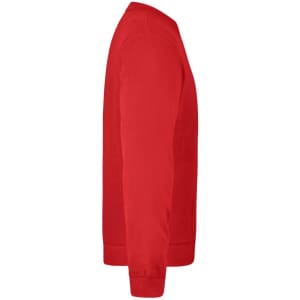 A red jumper with long sleeves and a ribbed cuff, featuring a logo on the side.