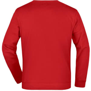 A red sweater with long sleeves and a crew neck, featuring a logo on the back.