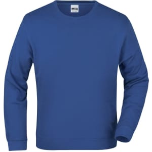 A blue jumper with long sleeves and a crew neck, featuring a logo on the label.