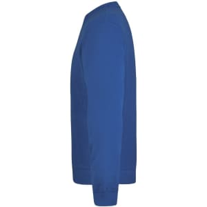 A blue sweater is displayed, featuring a crew neck and long sleeves, with a branding logo visible.