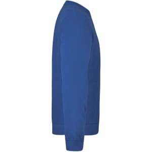 A blue sweatshirt displayed from the side, featuring long sleeves and a fitted neckline. It has a logo on the garment.