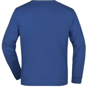 A blue jumper with long sleeves and a rounded neckline, featuring a plain design and a logo.