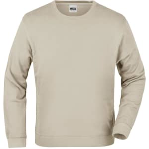 A beige sweatshirt with long sleeves and a round neckline, featuring a logo on the label.