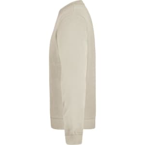 A side view of a beige jumper featuring long sleeves and a ribbed hem, with a logo on the fabric.
