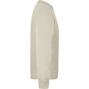 A beige basic sweat with long sleeves and ribbed cuffs, featuring a logo on the side.