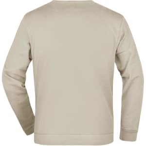 A beige sweater with a simple design, featuring a crew neckline and long sleeves. It has a branding logo on the back.
