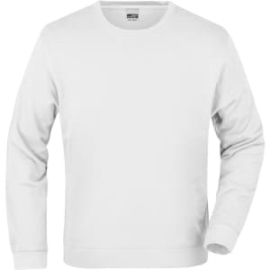 A plain white sweater featuring long sleeves and a crew neckline. It has a logo on the front.