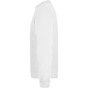 A white sweatshirt with long sleeves and a round neck. It has a logo on the side.