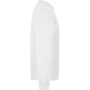 A white jumper with long sleeves and a relaxed fit, featuring a logo on the side.