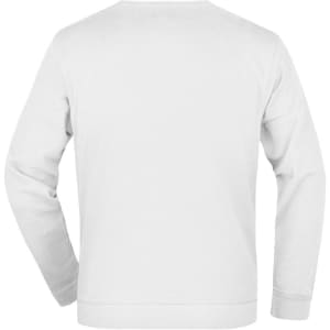 A plain white jumper with long sleeves and a round neck, featuring a logo on the back.