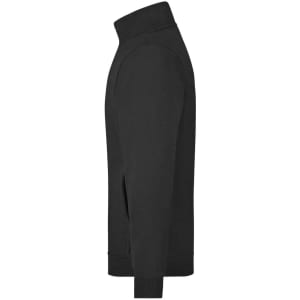 A black track jacket featuring a high collar and side pockets, with a logo visible on the design.