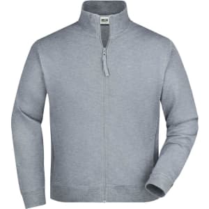 A grey track jacket with a zip-up front and a stand-up collar. It features long sleeves and a logo.