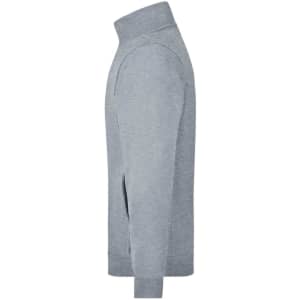 A grey track jacket with a high collar and zippered side pockets. It features a logo on the design.