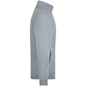 A grey track jacket with a high collar and side openings, featuring a logo.