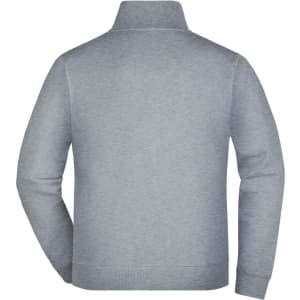 A grey track jacket featuring a high collar and a logo on the back.