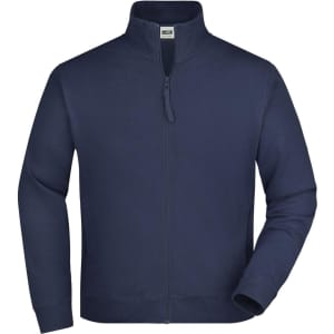 A navy track jacket featuring a full zip and a high collar. It has a simple design and includes a logo.