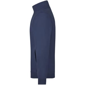 A dark navy track jacket featuring a high collar and a fitted design. It has a logo on the side.