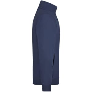 A navy sweat jacket with a high collar and side pockets, featuring a subtle branding logo.