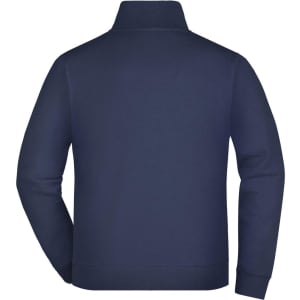 A navy sweat jacket featuring a high collar and plain back design, with a logo on the upper side.