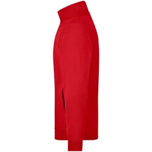 A red track jacket with a high collar and zippered side pockets, featuring a logo.