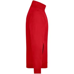 A red track jacket with a high collar and side pockets. It features a logo on the upper arm.