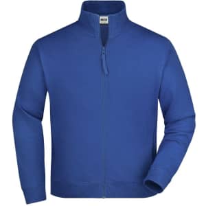 A blue track jacket with a zip front and high collar, featuring long sleeves and a logo.