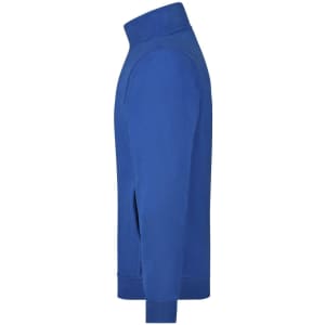 A blue track jacket with a high collar, featuring a fitted design and zipped pockets. It includes a logo on the fabric.