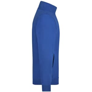 A blue sweat jacket with a high collar and long sleeves, featuring a side slit and a logo.