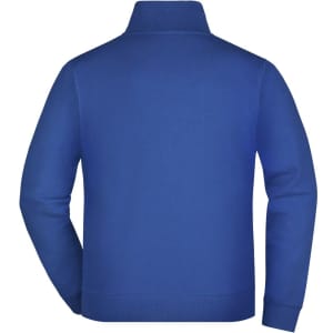 A blue track jacket with a collar and a back view, featuring a logo.