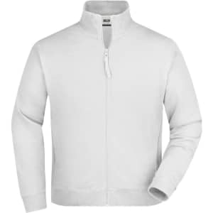 A white track jacket with a full zip and a collar, featuring a zippered front and long sleeves.