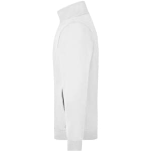 A white track jacket with a stand-up collar and zipper pockets, featuring a logo on the sleeve.