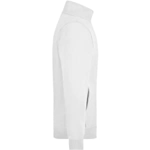A white track jacket features a high collar and side pockets, with a fitted design and ribbed cuffs.