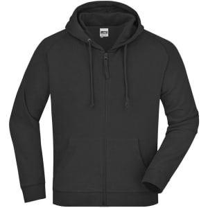 A black hooded jacket with a zip front and raglan sleeves, featuring a logo on the chest area.