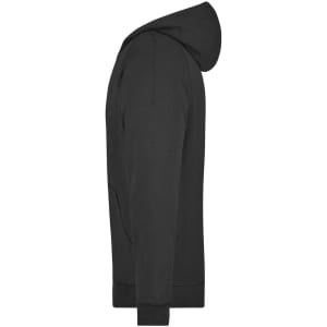 A black hooded jacket in a side view, featuring a pouch pocket and a logo on the fabric.