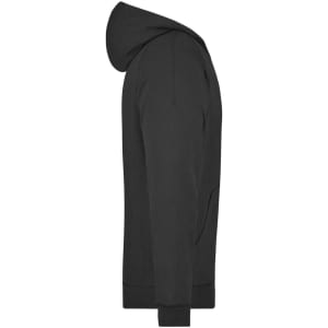 A black hooded jacket with a relaxed fit and a side view, featuring a logo.
