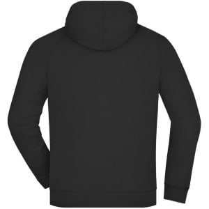 A hooded jacket in black, featuring a simple design and a logo on the back.