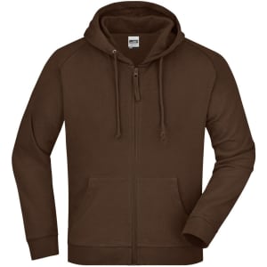 A brown hooded jacket with a zip-up front, kangaroo pockets, and a logo on the label.