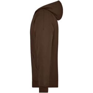 A brown hooded jacket with a side view, featuring a kangaroo pocket and a hood. The product has a logo.